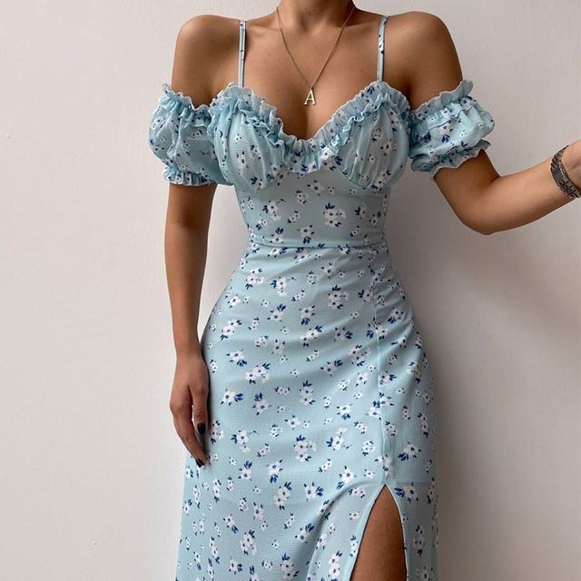 Ladies Off Shoulder Frill Slip Dress Party Summer Ladies Short Sleeve V Neck Slit Midi Dress Floral A Line Skirt