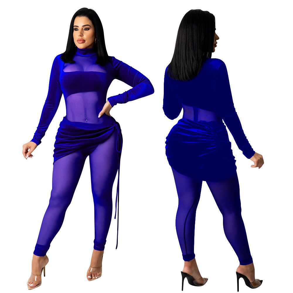 2024 fall long sleeve velour mesh patchwork see through patchwork one piece bodysuit jumpsuit for women