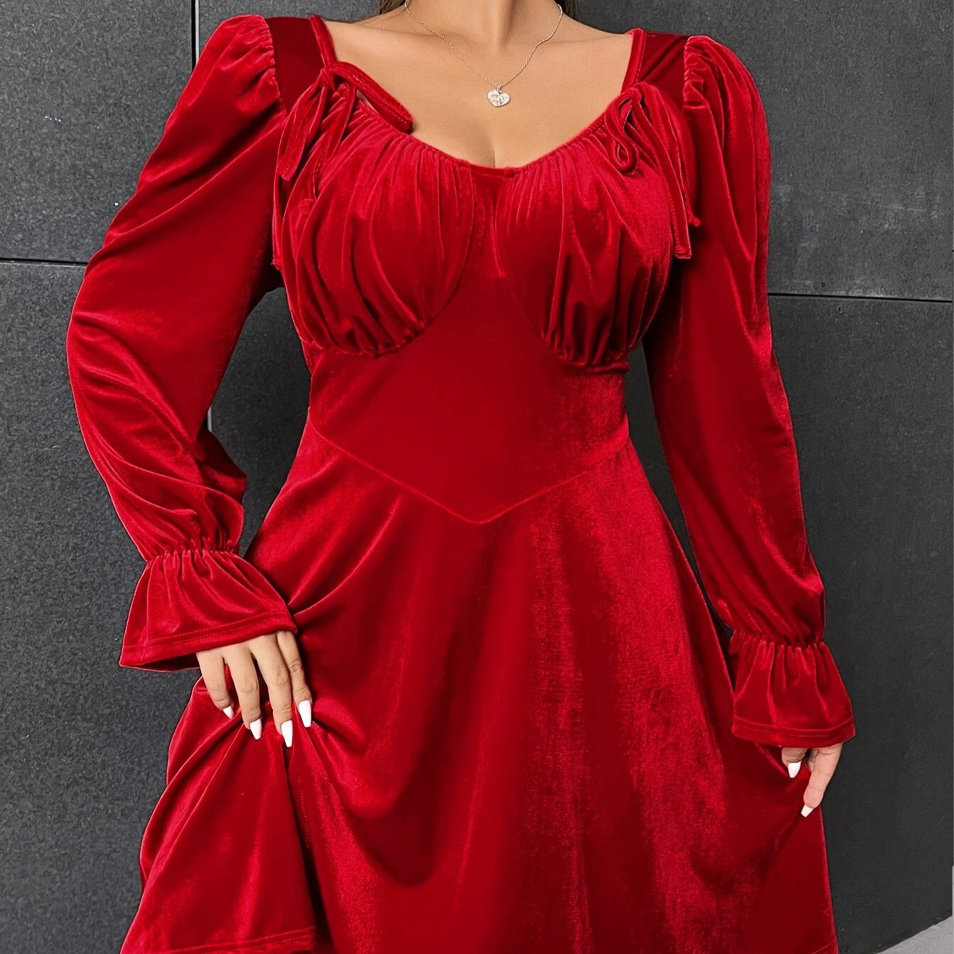 Hot sale lace up red party pleated vestidos para mujer elegante plus size long sleeve short dress for women