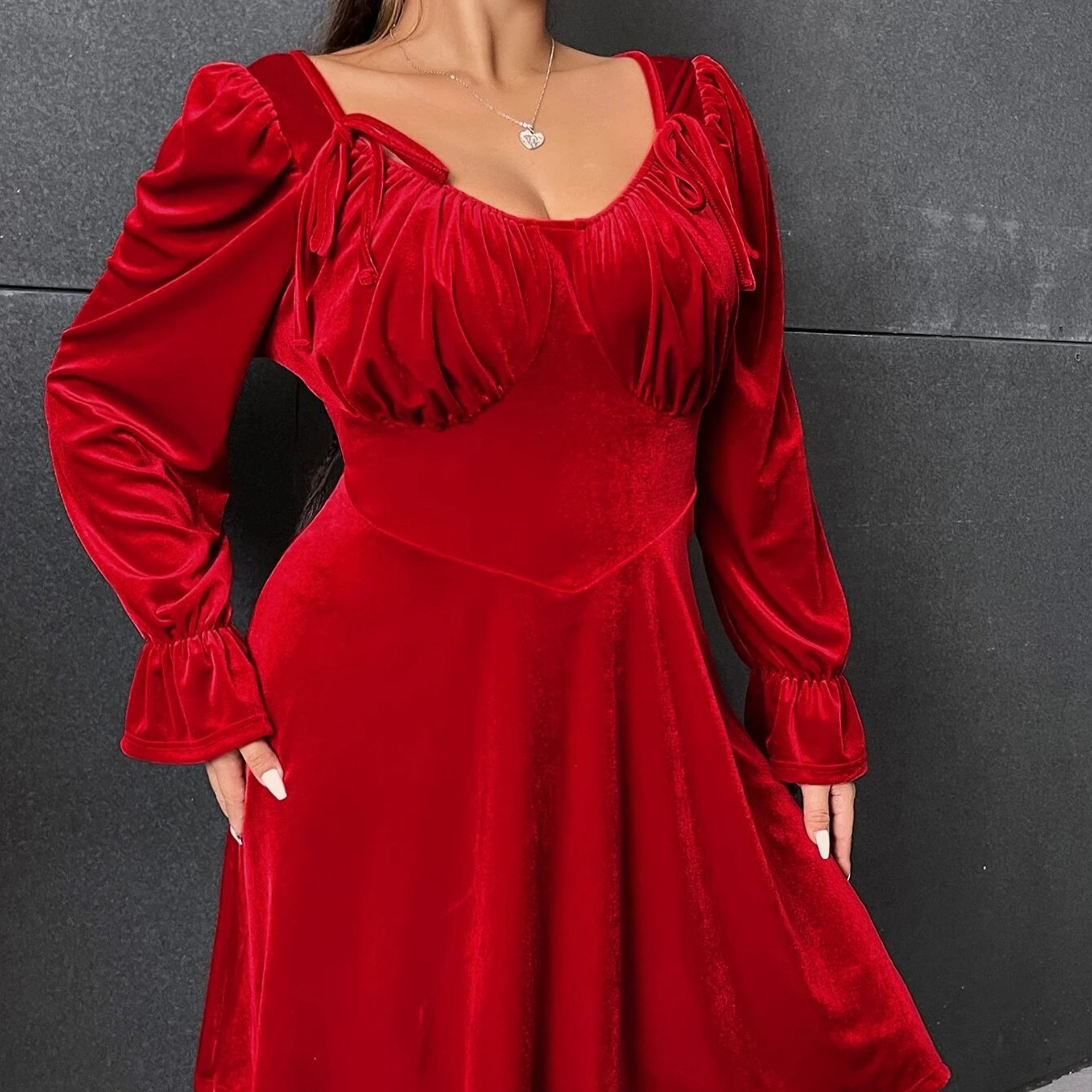 Hot sale lace up red party pleated vestidos para mujer elegante plus size long sleeve short dress for women