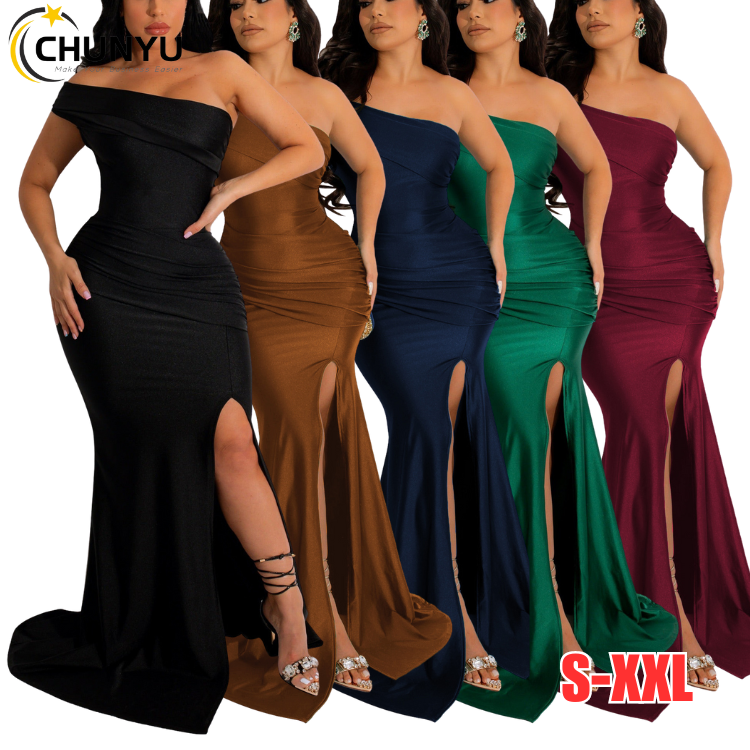 Women's Sexy One Shoulder Satin Elegant High Slit Long Mermaid Bodycon Dress Formal Bridesmaid Prom Party Maxi Dresses