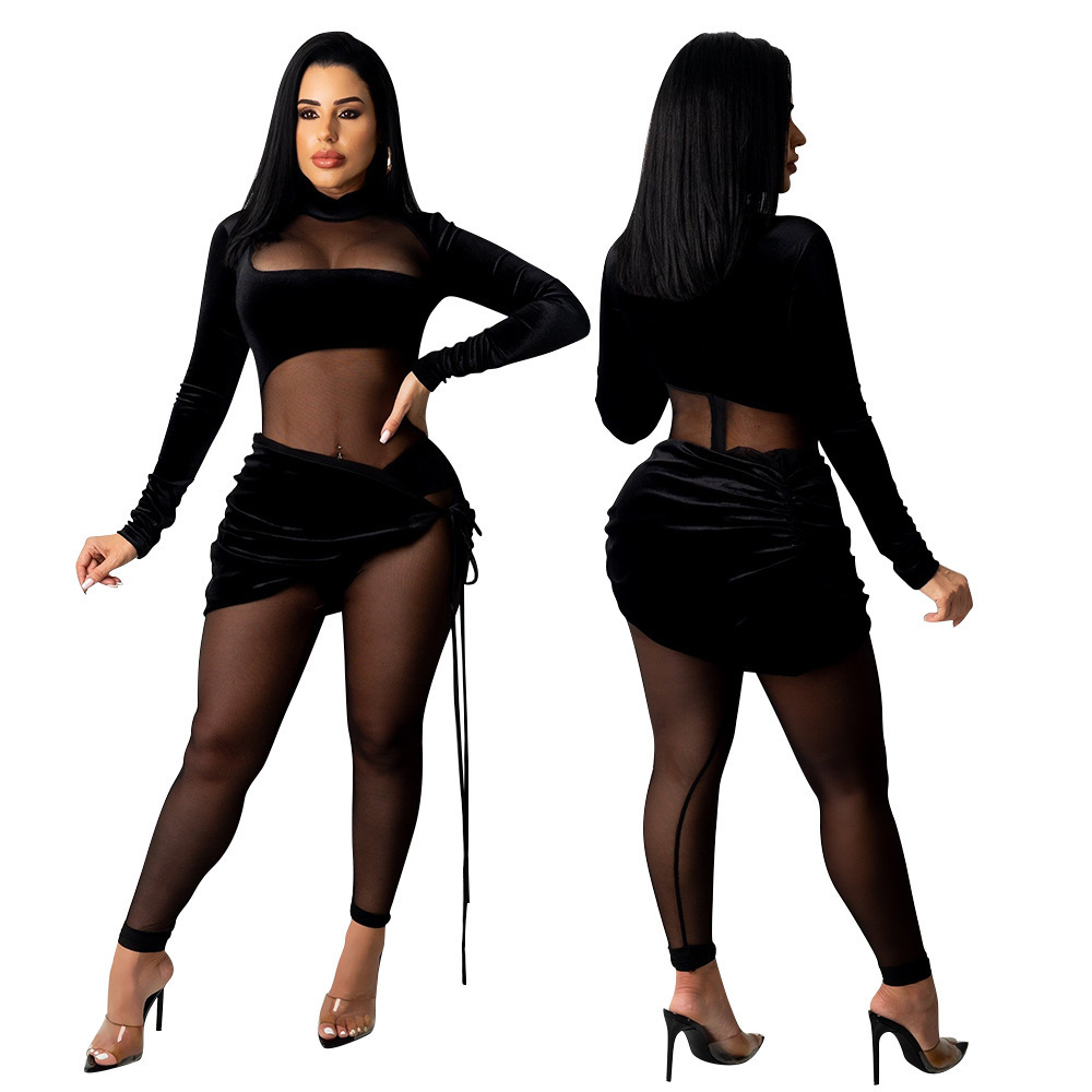 2024 fall long sleeve velour mesh patchwork see through patchwork one piece bodysuit jumpsuit for women