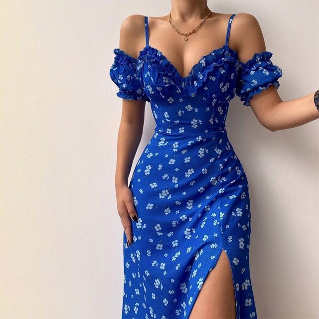 Ladies Off Shoulder Frill Slip Dress Party Summer Ladies Short Sleeve V Neck Slit Midi Dress Floral A Line Skirt