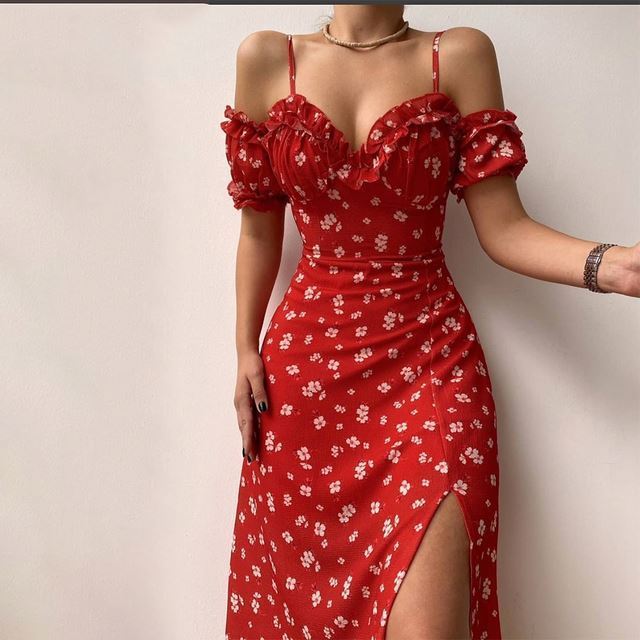 Ladies Off Shoulder Frill Slip Dress Party Summer Ladies Short Sleeve V Neck Slit Midi Dress Floral A Line Skirt