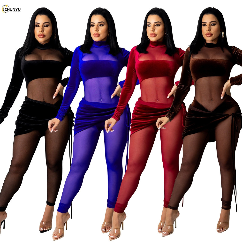 2024 fall long sleeve velour mesh patchwork see through patchwork one piece bodysuit jumpsuit for women