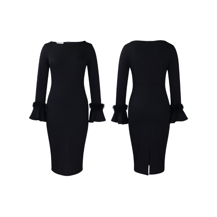 Women's Elegant Round Neck Flare Long Sleeve Bodycon Stylish Business Cocktail Party Pencil Midi Dress