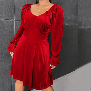 Hot sale lace up red party pleated vestidos para mujer elegante plus size long sleeve short dress for women