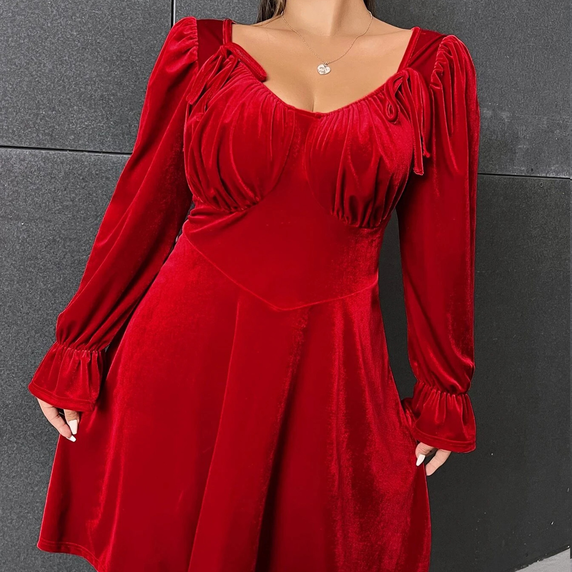 Hot sale lace up red party pleated vestidos para mujer elegante plus size long sleeve short dress for women