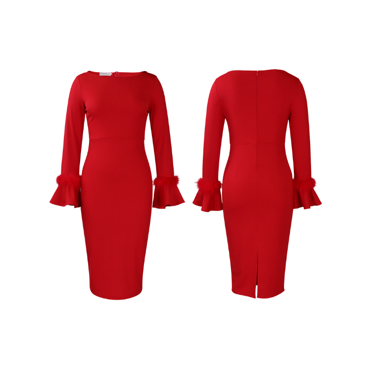 Women's Elegant Round Neck Flare Long Sleeve Bodycon Stylish Business Cocktail Party Pencil Midi Dress