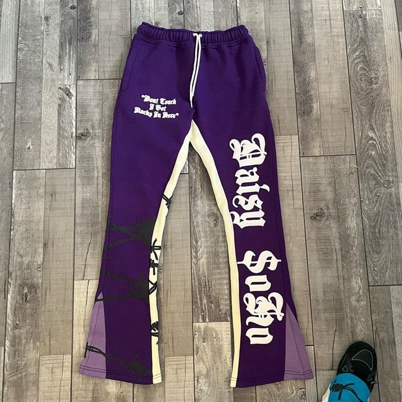 Custom Logo fleece joggers sweatpants 100% cotton 3D Puff Print french terry baggy stacked flare sweat pants men