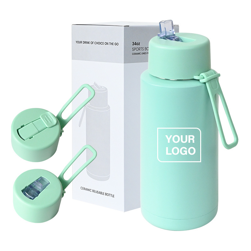 custom 34oz 1000ml sports gym KEWIXY style stainless steel vacuum flask ceramic inner water bottle with straw lid