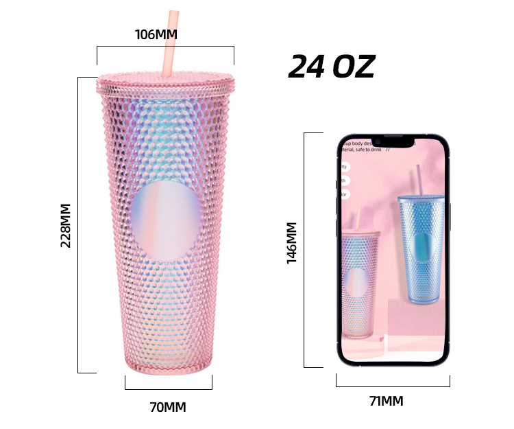 USA Warehouse Studded 24oz tumblers reusable coffee plastic cups drinkware bling double wall tumbler with straw and lid