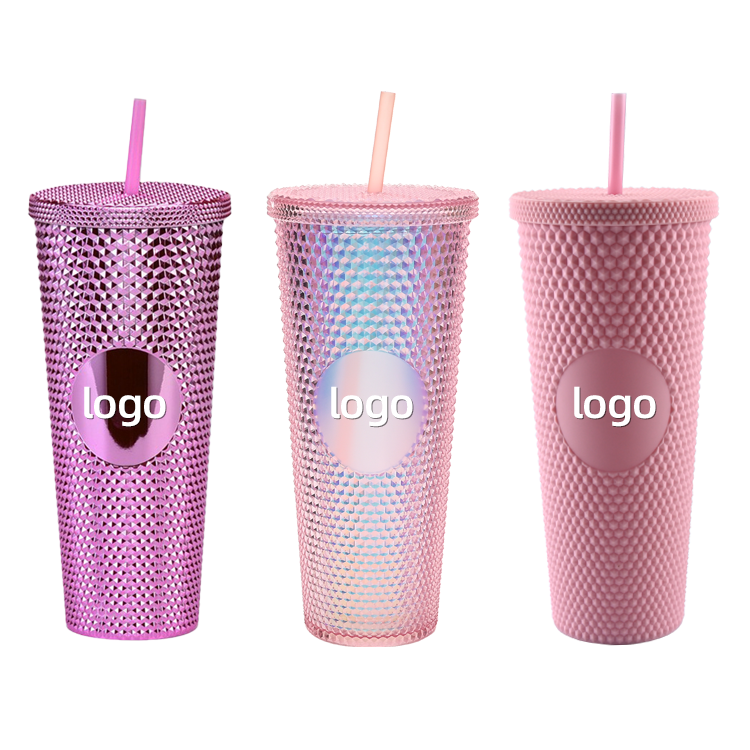 USA Warehouse Studded 24oz tumblers reusable coffee plastic cups drinkware bling double wall tumbler with straw and lid