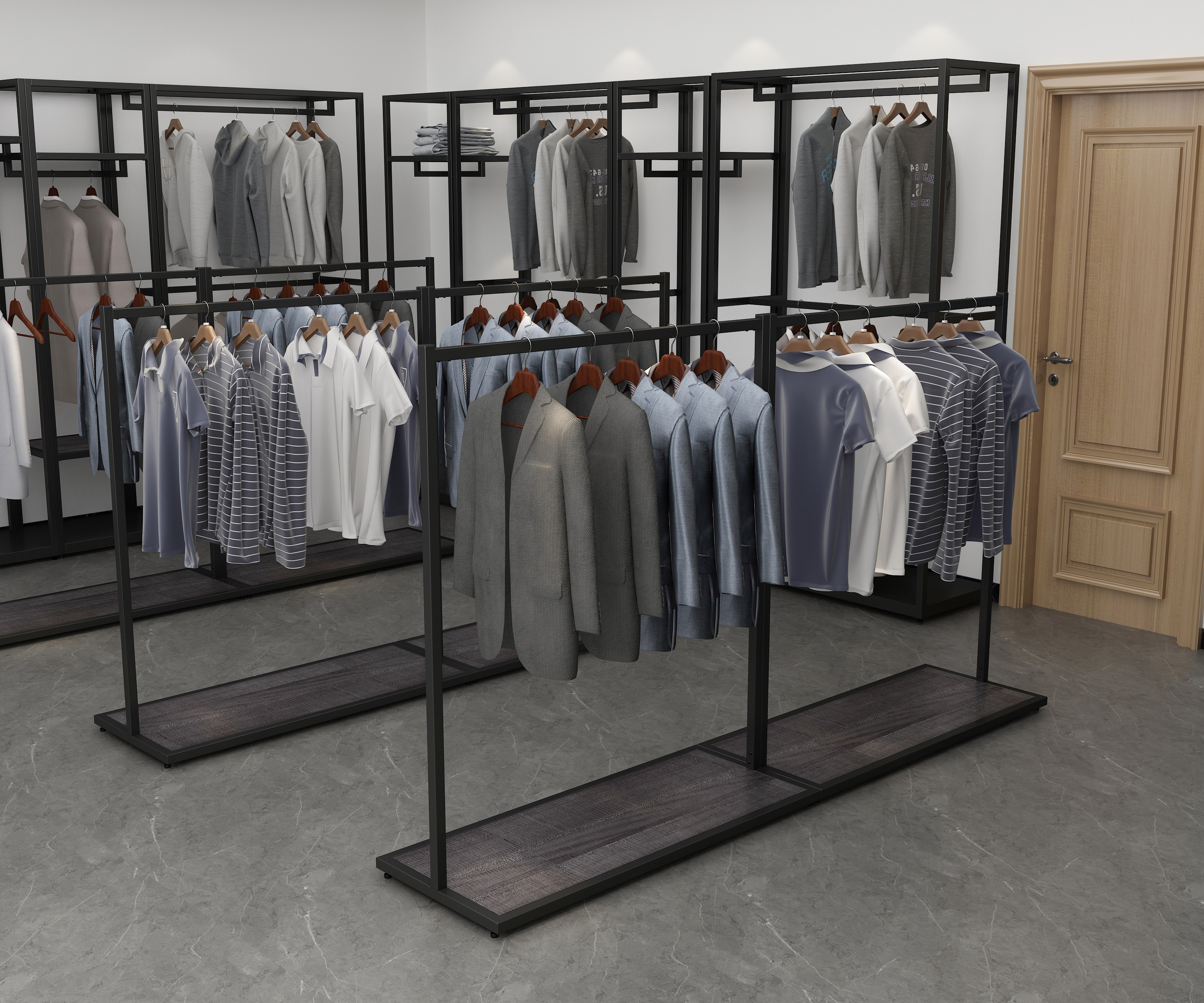 Factory customized cheap boutique clothing showroom garments racks display hanging shelf metal racks