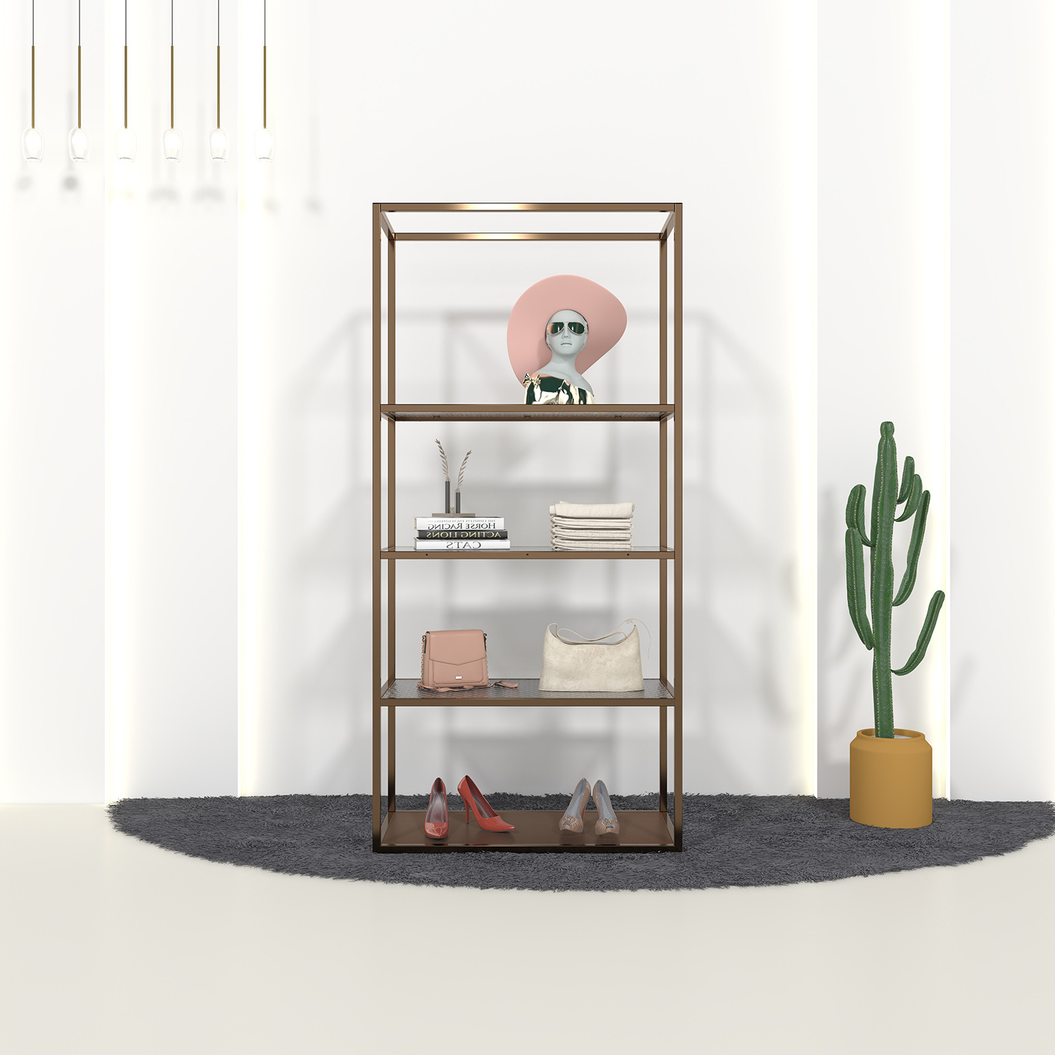 rose gold tall clothing shelves display rack fixture high-end clothes cabinet store display stand rack