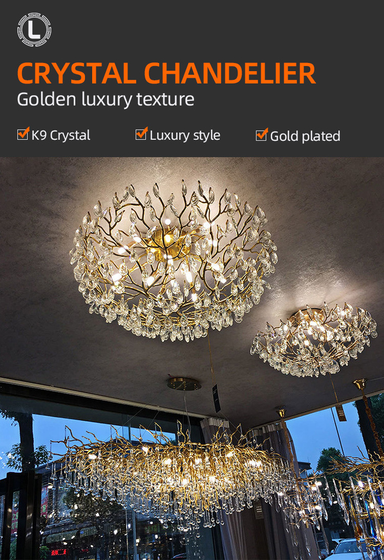 2022 large branch nordic vintage led brass gold dining living room hotel luxury ceiling pendant light modern crystal chandeliers