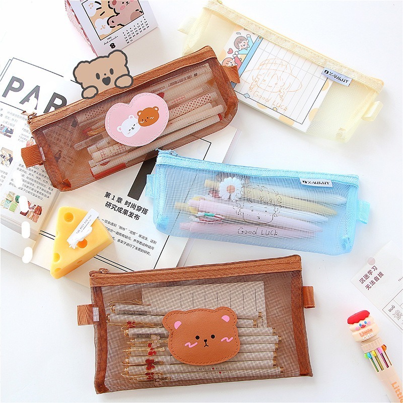 Soft Manufacturer School Girl Canvas Cartoon Large Capacity Stationary Pouch Transparent Mesh Yarn Stationery Box Pencil Case