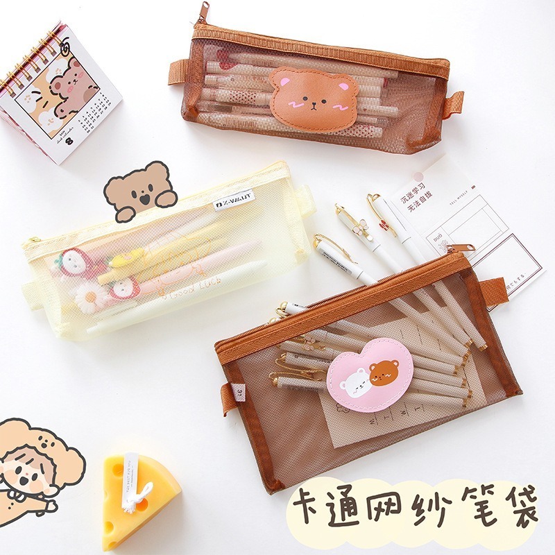 Soft Manufacturer School Girl Canvas Cartoon Large Capacity Stationary Pouch Transparent Mesh Yarn Stationery Box Pencil Case