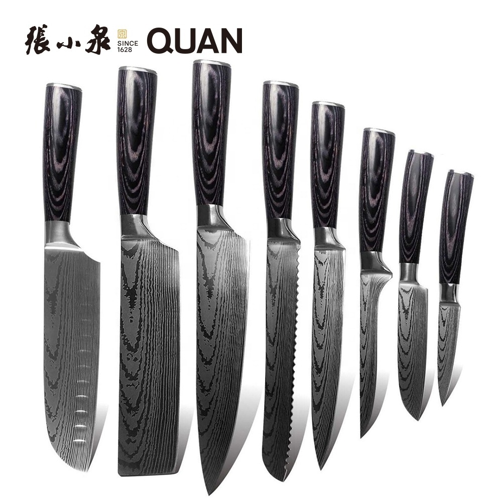 Wholesale price Japanese Stainless Steel  kitchen knives Laser Pattern knife set 8pcs Damascus Steel Knife set