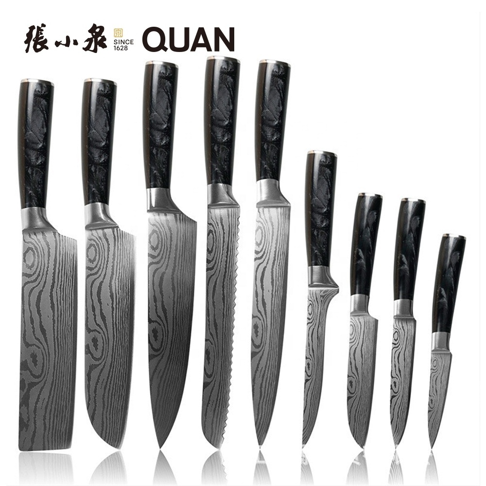 Wholesale price Japanese Stainless Steel  kitchen knives Laser Pattern knife set 8pcs Damascus Steel Knife set