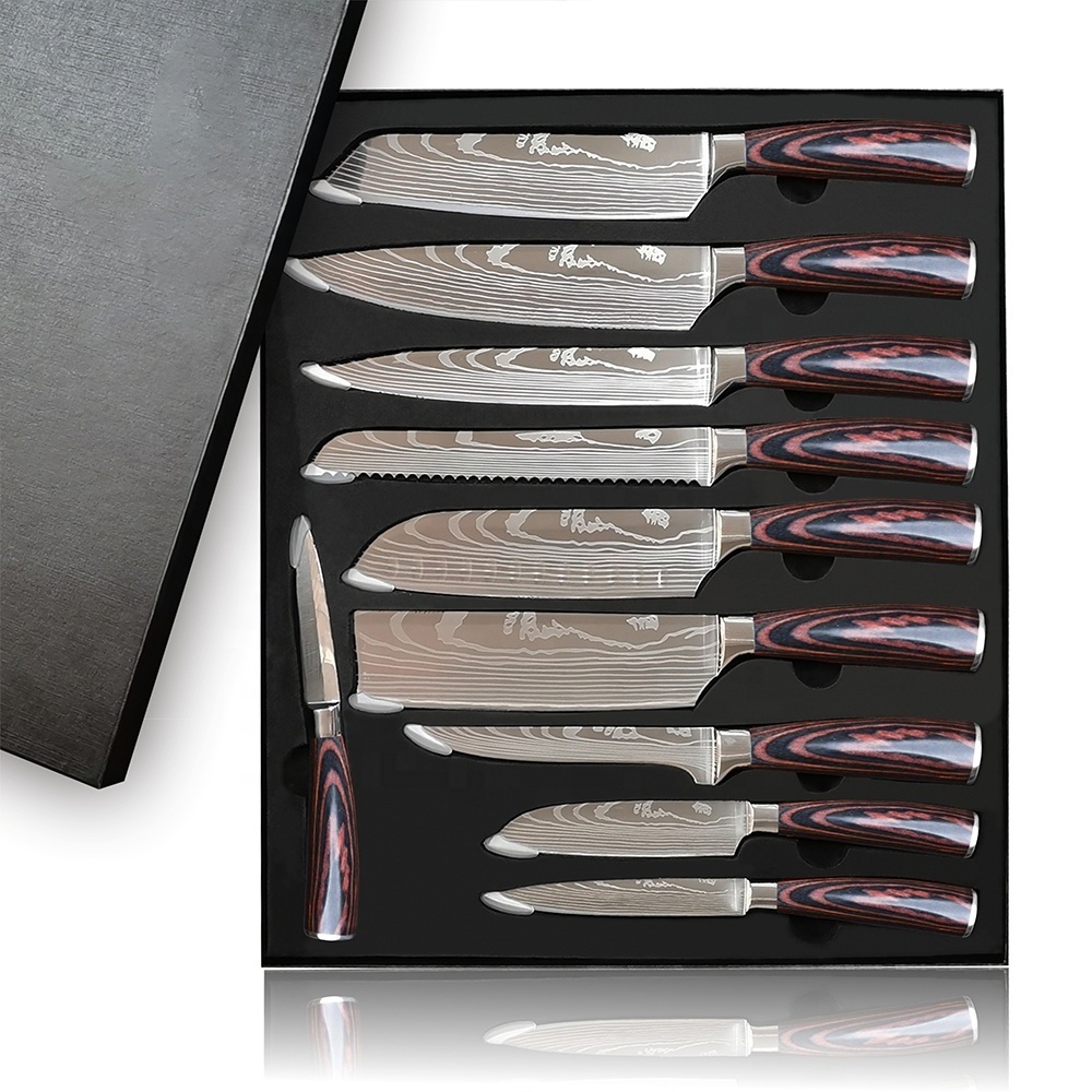 12pcs pakka wood handle carbon steel japanese knife metal stainless damascus steel kitchen chef knife set