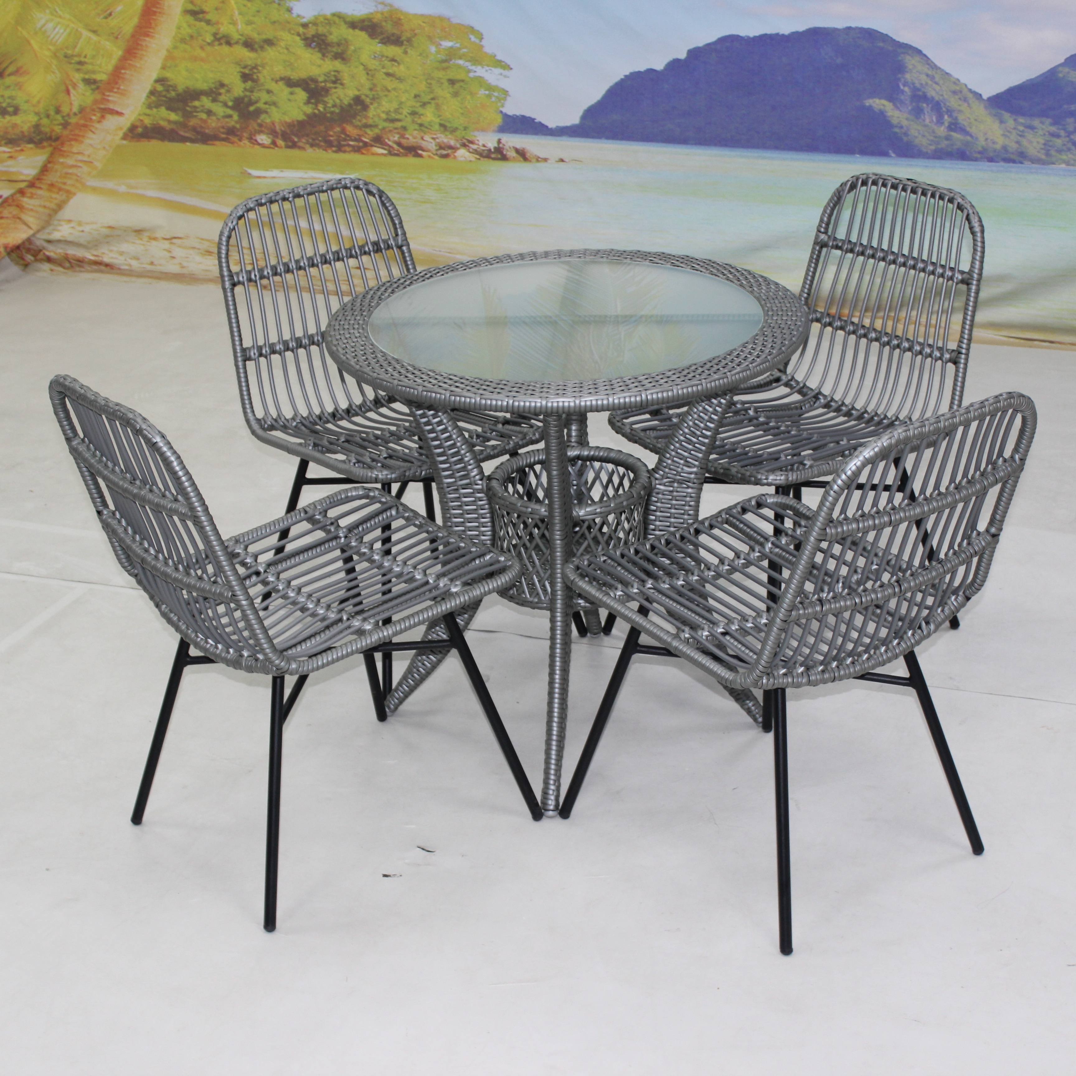 5 Pieces Patio Outdoor Rattan Furniture Dining Round Table Set Wicker Chairs For Restaurant