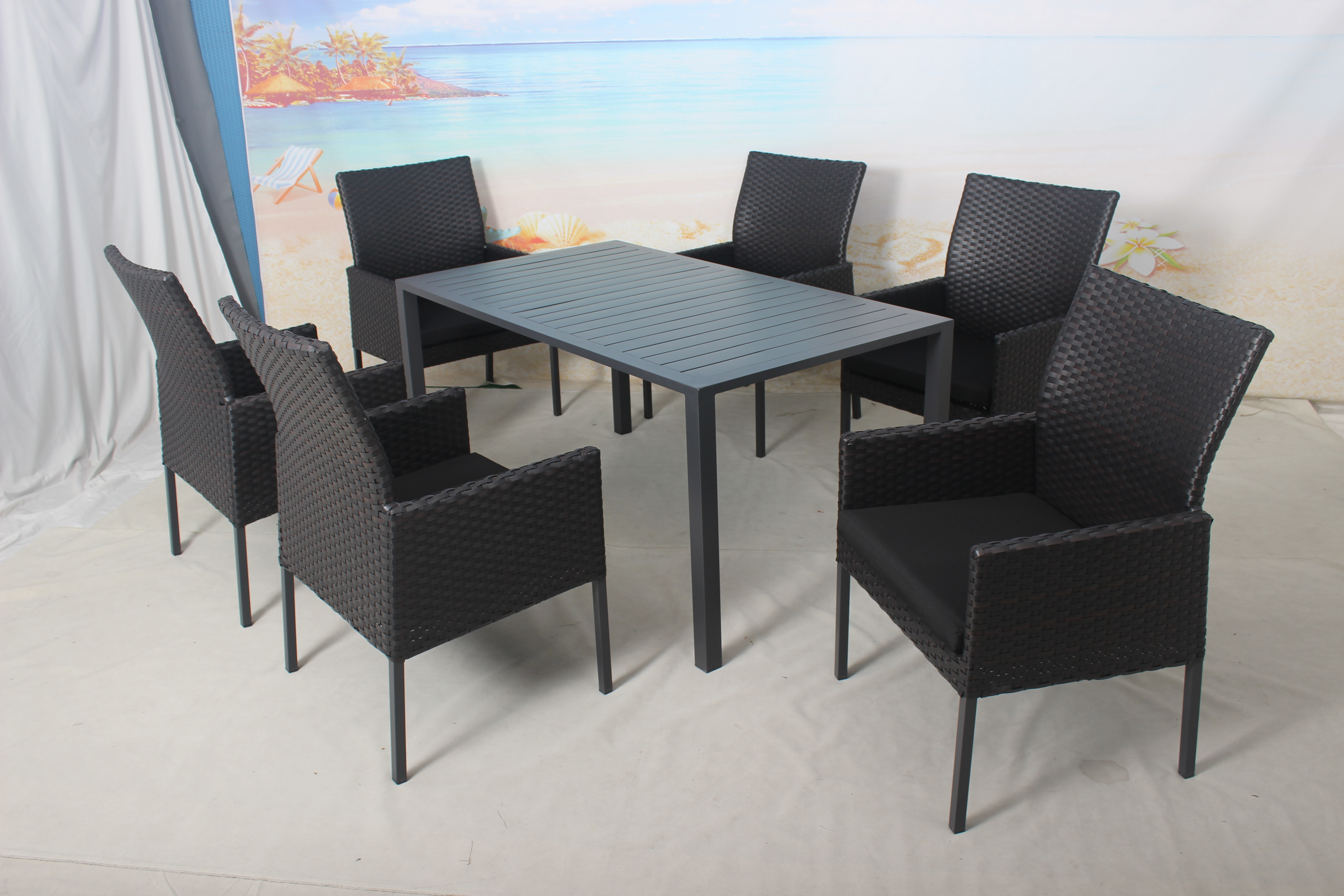 Outdoor Patio Restaurant Dining Table Set 6 Seat PE Rattan Chairs Furniture