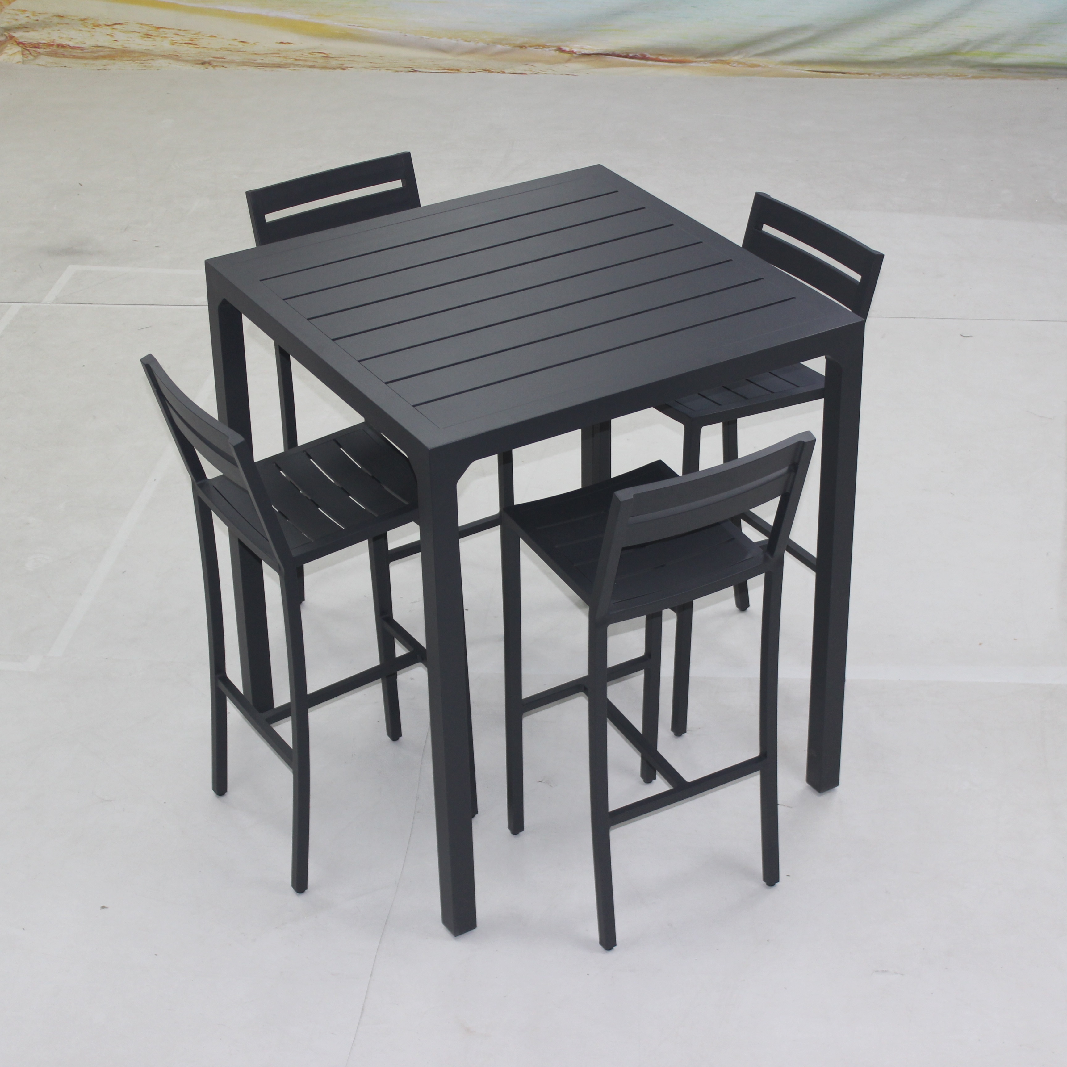 5-Piece Outdoor Bar Height Table And Chairs Commercial Black Aluminum Patio Bar Furniture Set