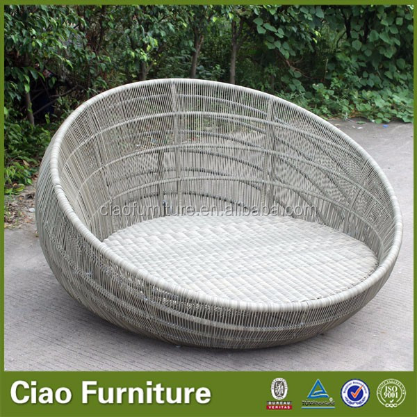 Rattan wicker sun lounger round outdoor sunbed with cushion