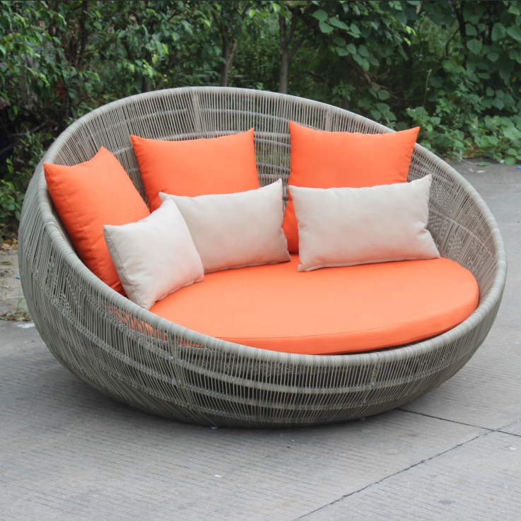 Rattan wicker sun lounger round outdoor sunbed with cushion