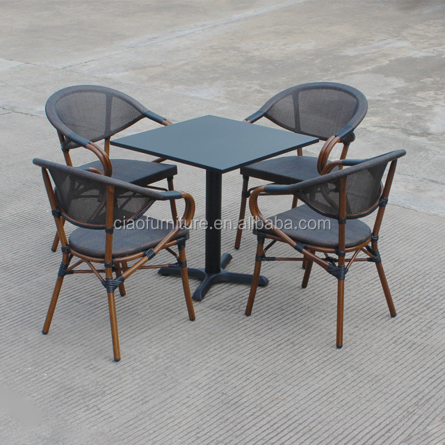 Hot sale outdoor restaurant aluminum french bistro coffee table and stackable dining chair sets