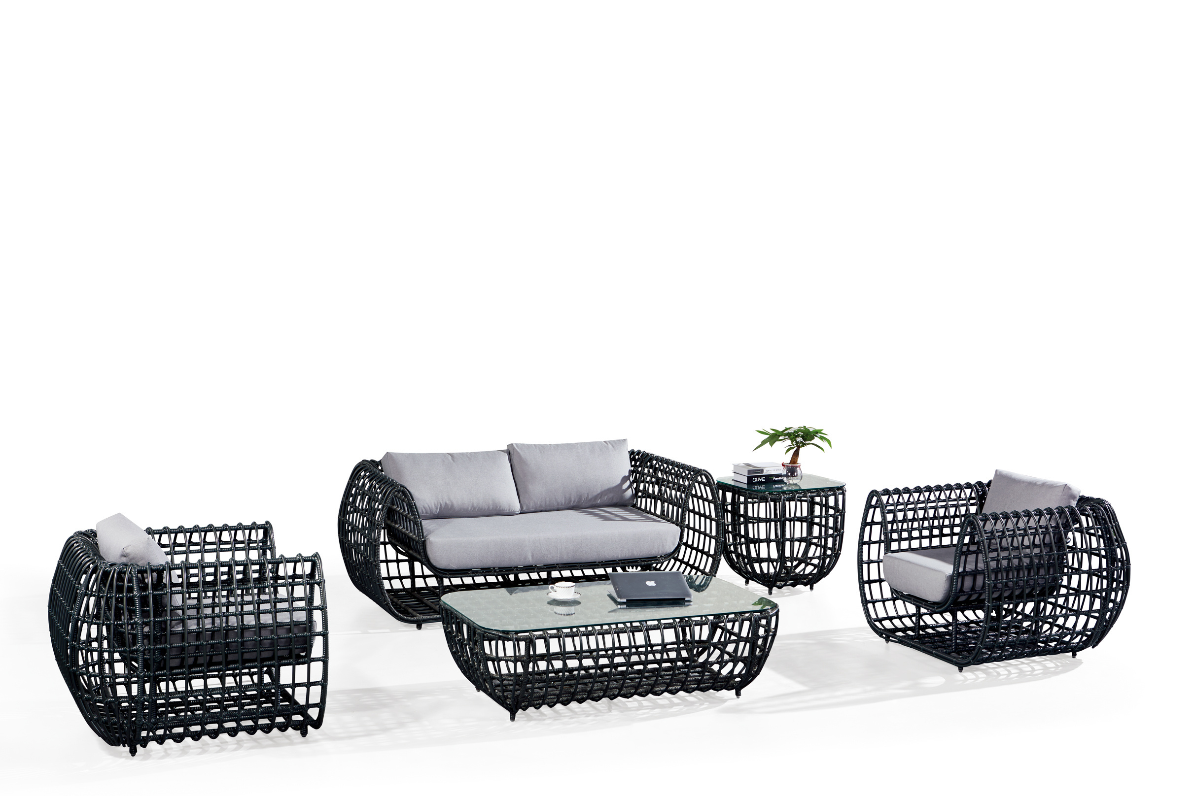 Foshan All Weather Garden 5 Pieces Black Nest Wicker Patio Furniture Terrace Sofa Set