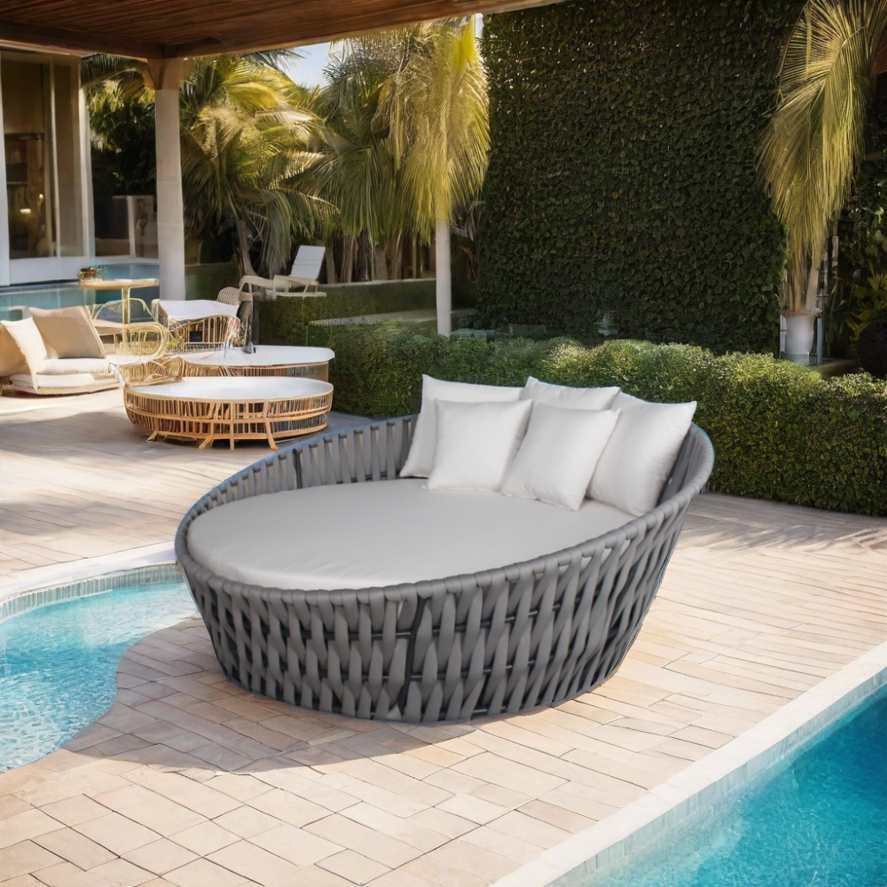 Modern Outdoor Beach Hotel Poolside Daybed With Cushion Rope Woven Bed Patio Furniture