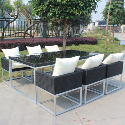 Wholesale Space Saving Garden Terrace Furniture 6 Seater PE Rattan Outdoor Dining Rectangular Table And Chairs Set