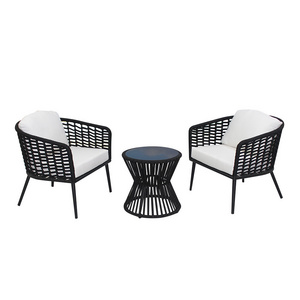 Modern Outdoor Bistro 3 PCS Black Coffee Table And Rope Chairs Garden Conversation Set