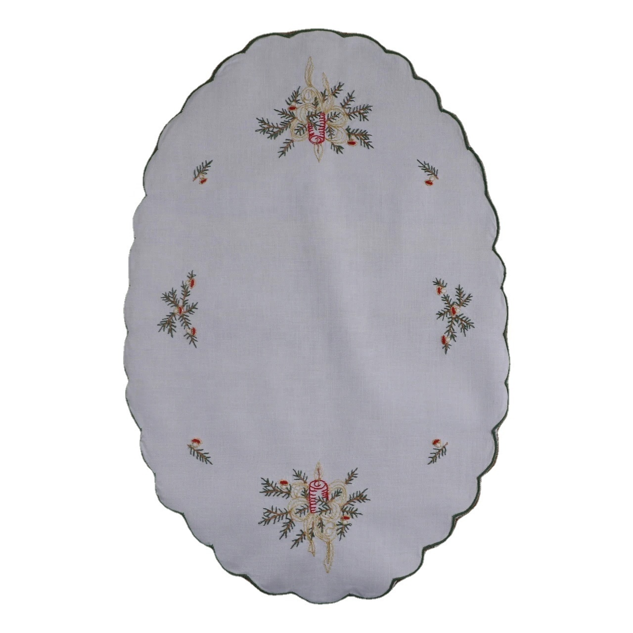 N061  White 55% Ramie45% Cotton Elliptical Placemats 45cm x 30cm  Christmas style embroidery  Green curved edge Table mats