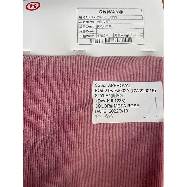 Good quality pink 95% polyester 5% spandex velvet corduroy fabric wide for dress clothing