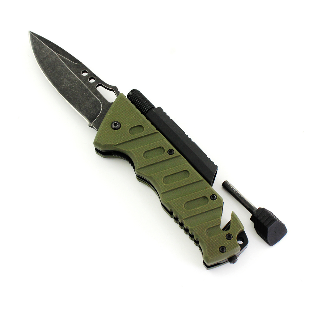 Best Outdoor Camping Hunting EDC with fire starter and LED Folding Pocket Knife Tactical Survival Foldable Knife