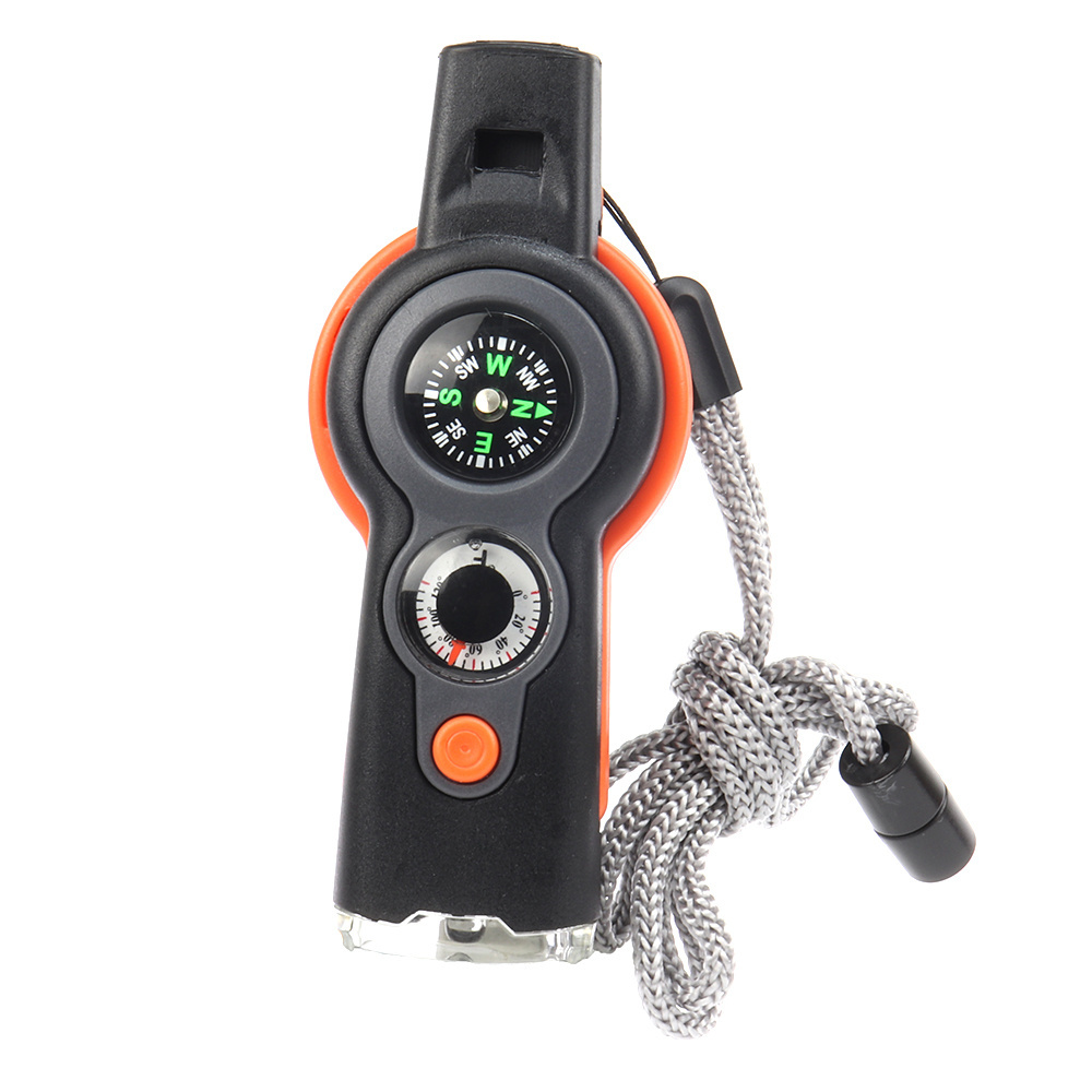 7 in 1 Outdoor Camping Survival Whistle with thermometer, compass, magnifying glass and mirror and flashlight