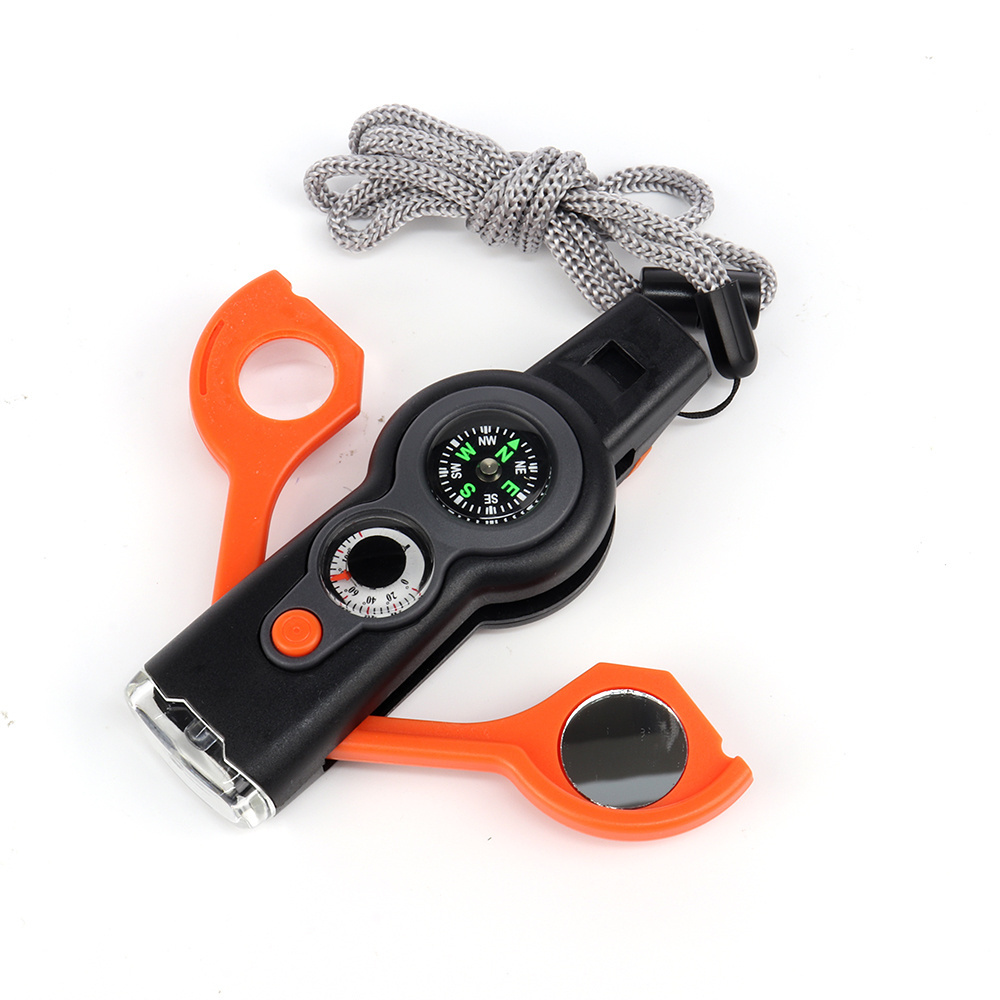 7 in 1 Outdoor Camping Survival Whistle with thermometer, compass, magnifying glass and mirror and flashlight