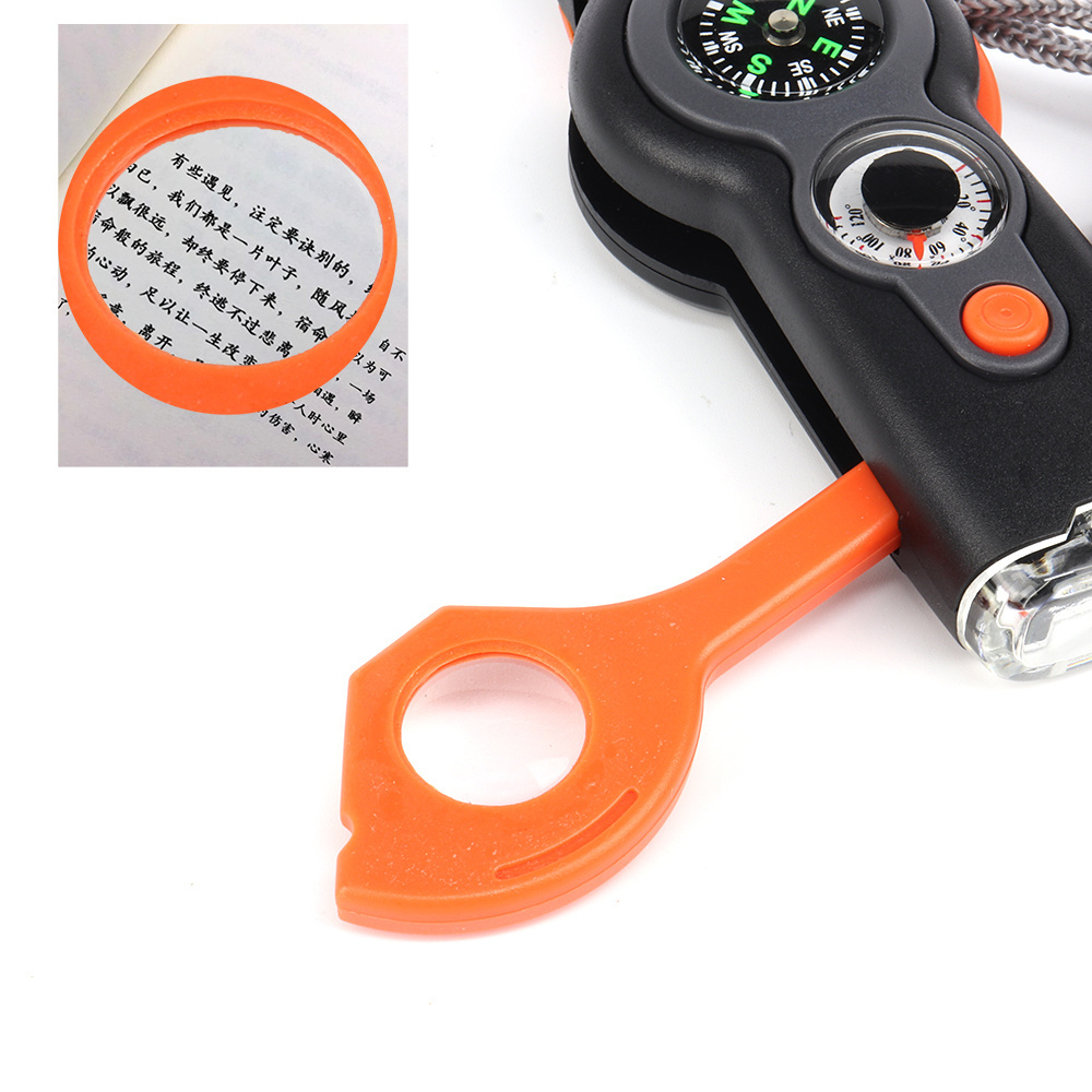 7 in 1 Outdoor Camping Survival Whistle with thermometer, compass, magnifying glass and mirror and flashlight