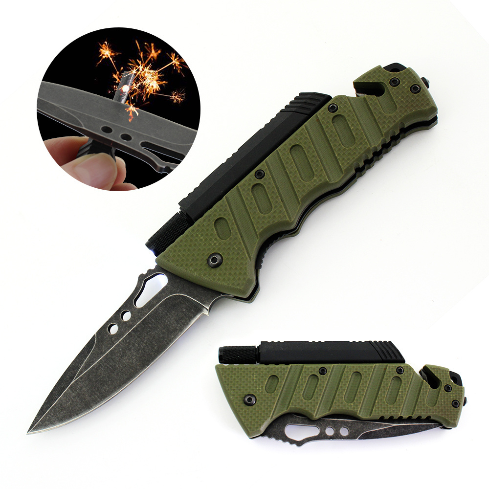 Best Outdoor Camping Hunting EDC with fire starter and LED Folding Pocket Knife Tactical Survival Foldable Knife