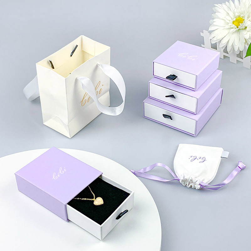 Custom Logo Paper Sliding Drawer Purple Jewelry Box Packaging for Ring Earring Bangle jewellery set