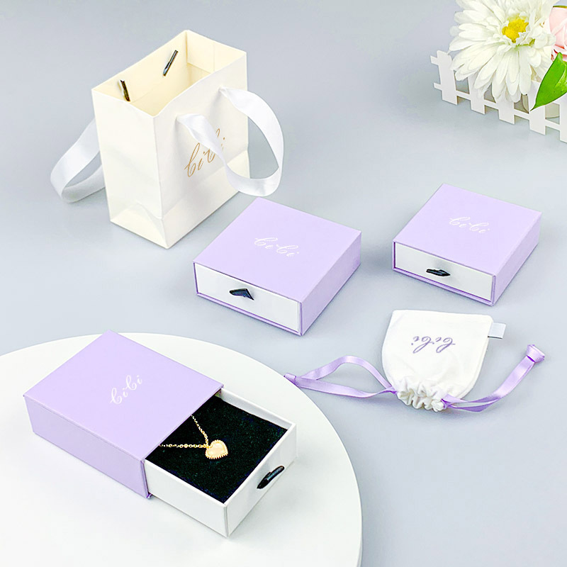 Custom Logo Paper Sliding Drawer Purple Jewelry Box Packaging for Ring Earring Bangle jewellery set