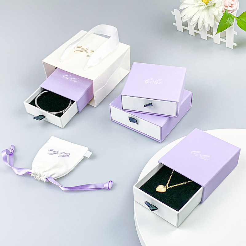 Custom Logo Paper Sliding Drawer Purple Jewelry Box Packaging for Ring Earring Bangle jewellery set