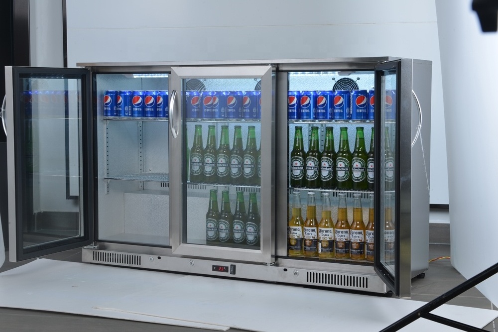 Commercial Beverage Cooler Beer Drink Chiller Fridge Beer Showcase Hinged Doors Pub Back Bar 3 Stainless Steel Freestanding 220