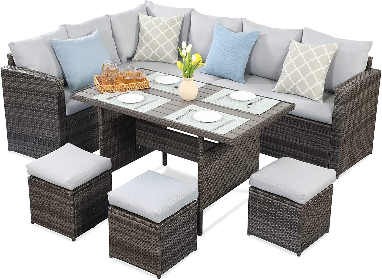 Outdoor Patio Furniture Set, 7 Piece Outdoor Dining Sectional Sofa with Dining Table and Chair, All Weather Wicker Conversation