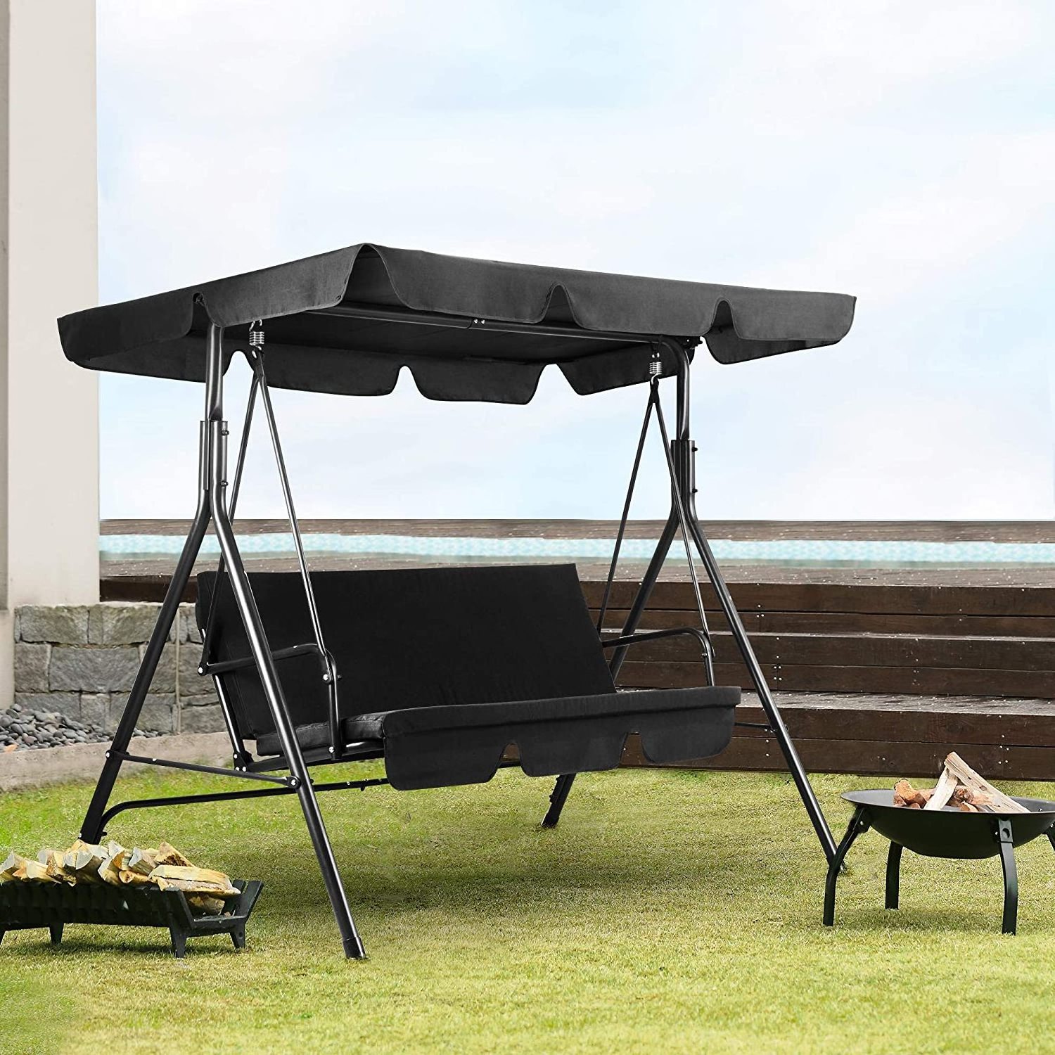 Patio Swing Chair, 2/3-Person Outdoor Canopy Swing, Porch Swing with Removable Thicken Cushion and Convertible Canopy