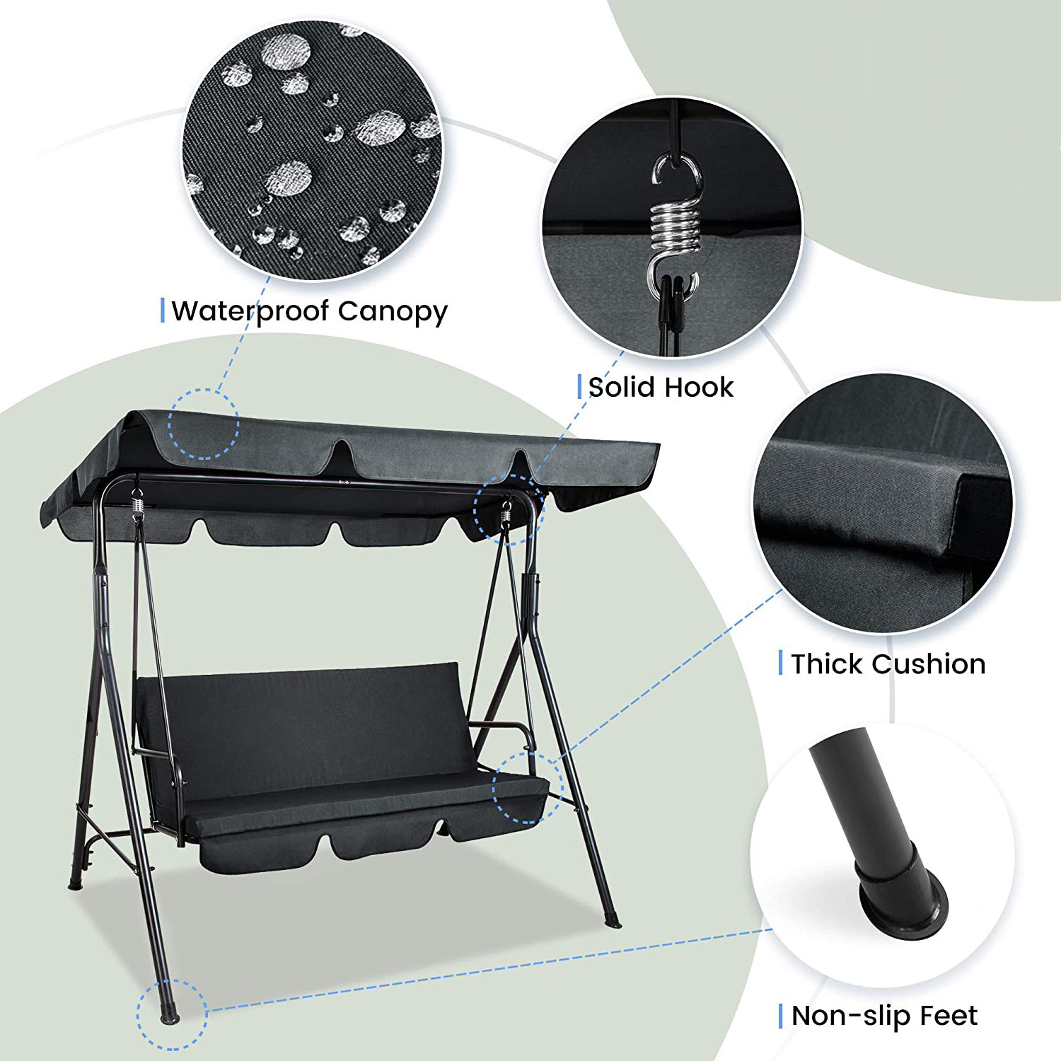 Patio Swing Chair, 2/3-Person Outdoor Canopy Swing, Porch Swing with Removable Thicken Cushion and Convertible Canopy