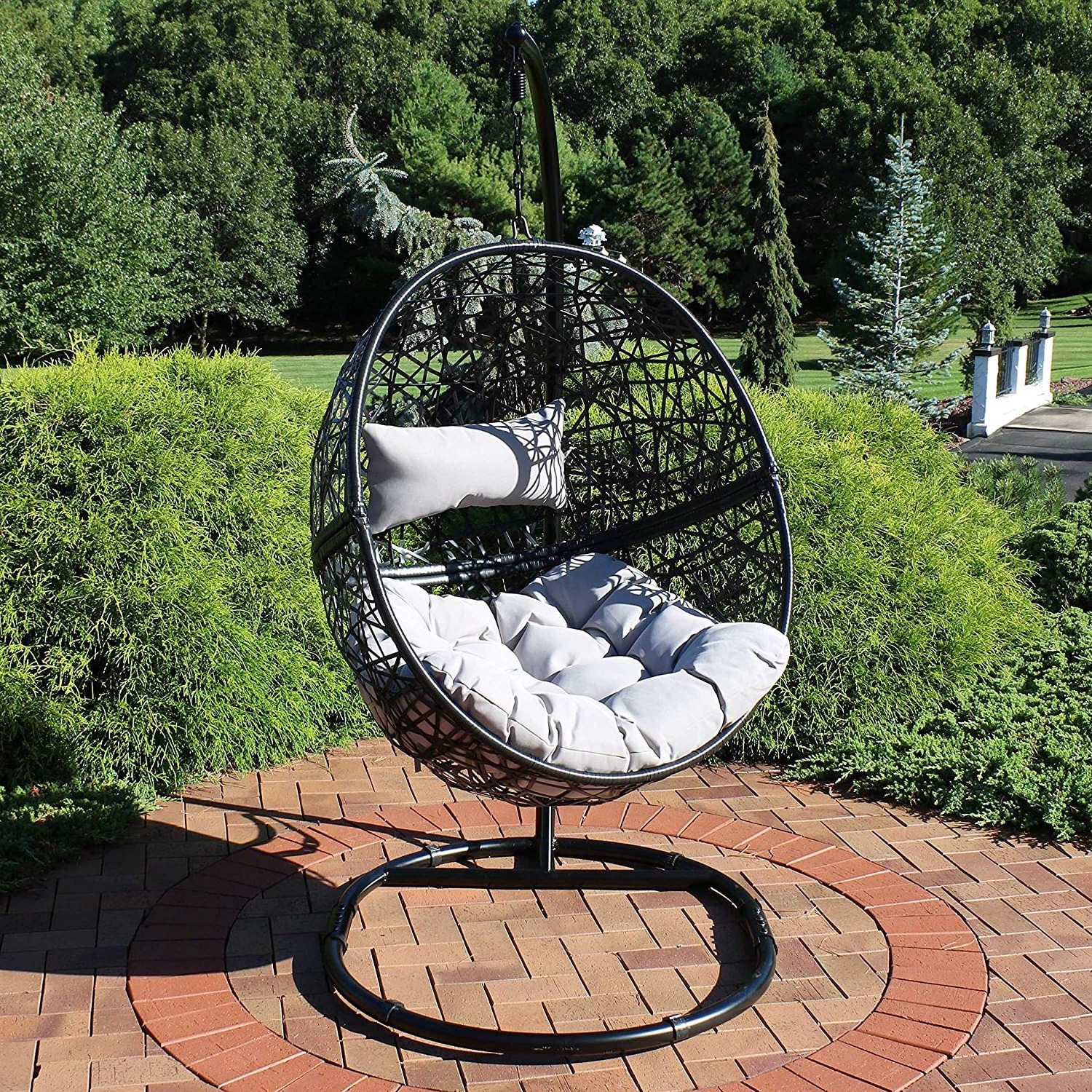 Hanging Egg Chair Swing with Steel Stand Set - All Weather Construction - Wicker Rattan Swing - Large Basket Design -